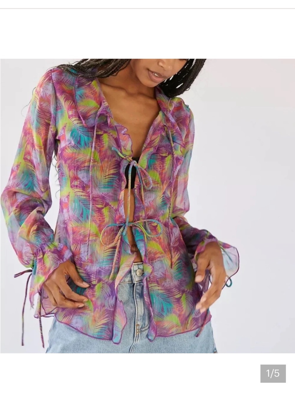 Urban Outfitters Multicolor Sheer Tie-Front Button-Down Blouse